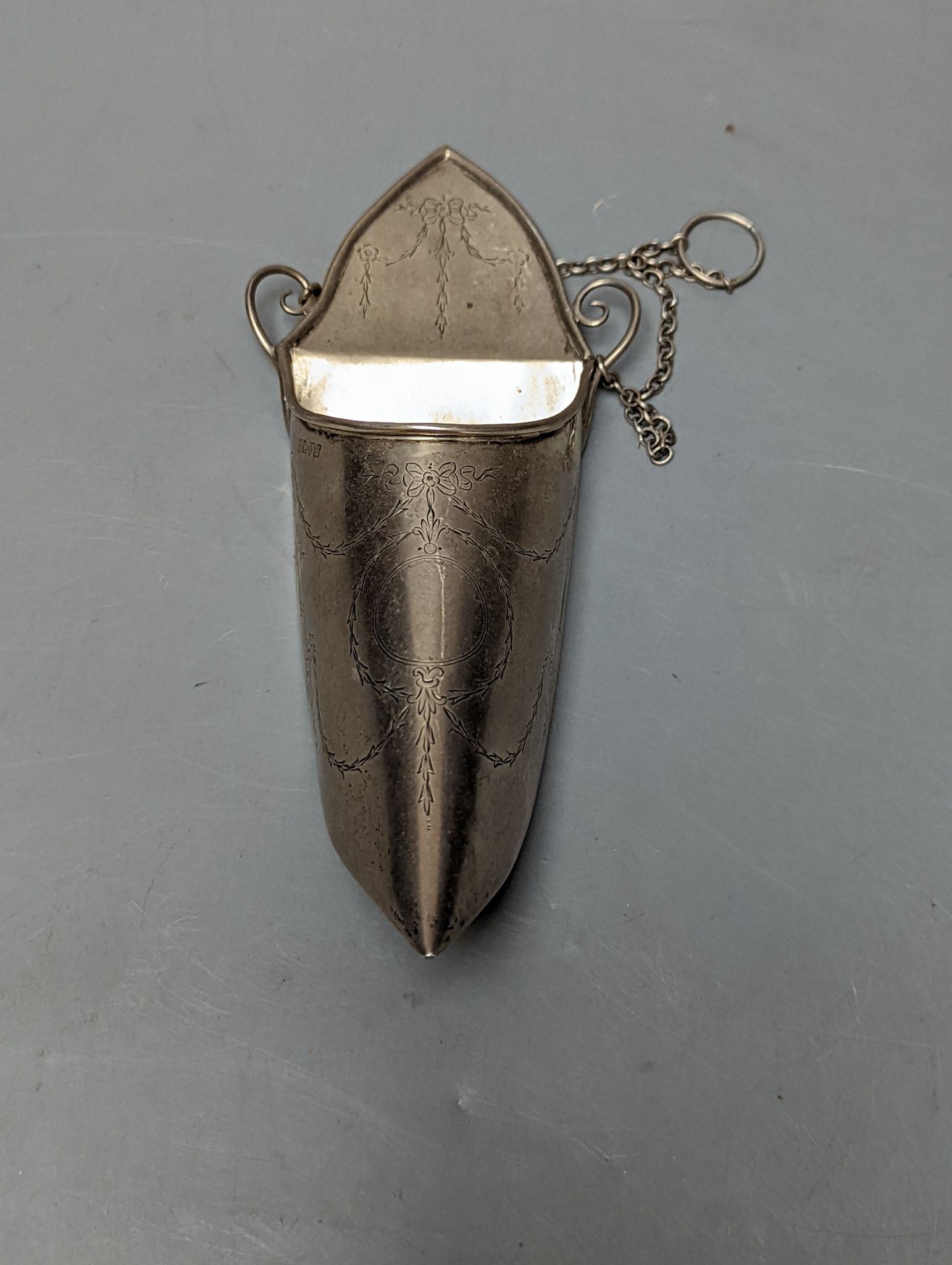 A George V engraved silver 'slipper' wall pocket, Chester, 1910, 19.6cm, 90 grams.